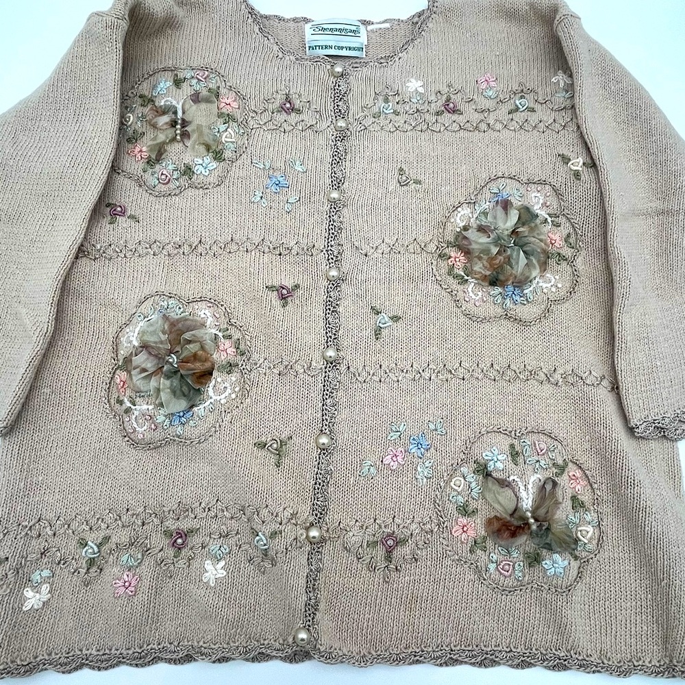 Embroidered Beige cottage grandma Sweater with ribbon, lace, pearl details Med